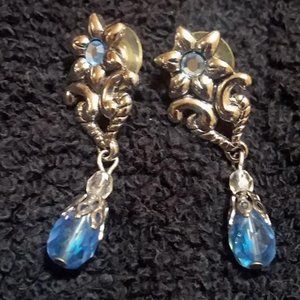 Vintage Earrings, Pierced, Flower Over Blue Faux Stone